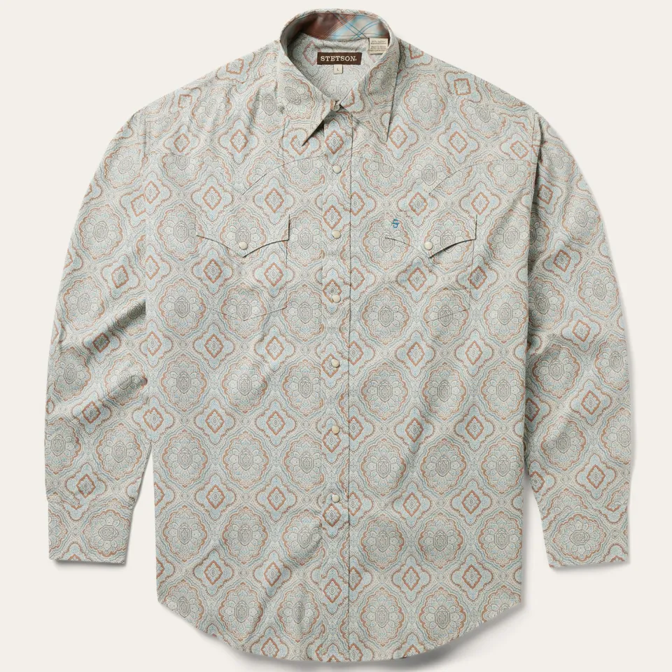 Sale Stetson Aqua Paisley Print Western Shirt Green