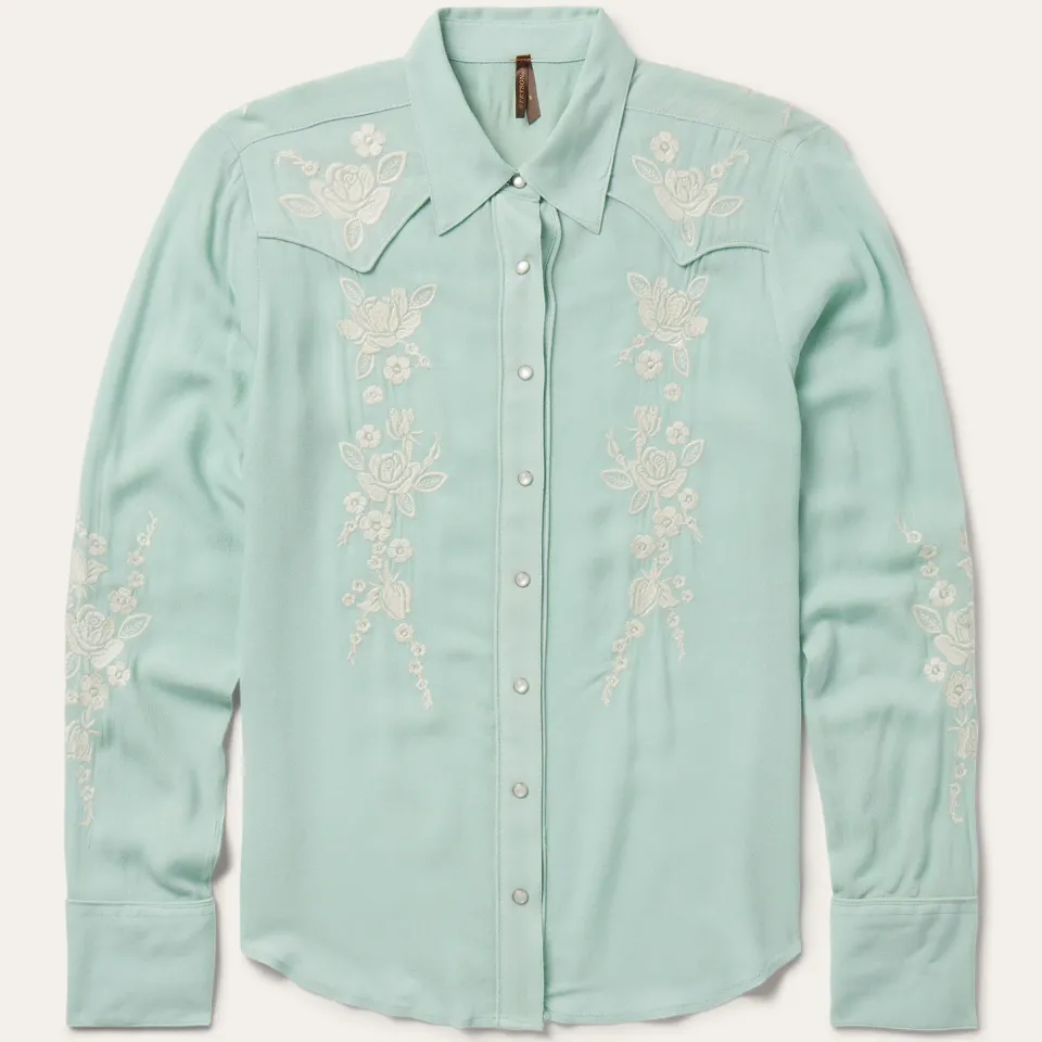Best Stetson Aqua Rayon Crepe Western Blouse Blue