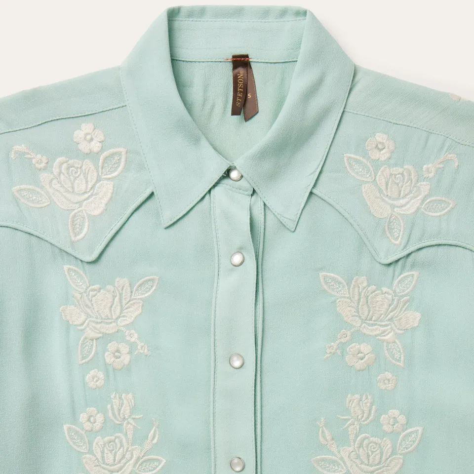 Best Stetson Aqua Rayon Crepe Western Blouse Blue