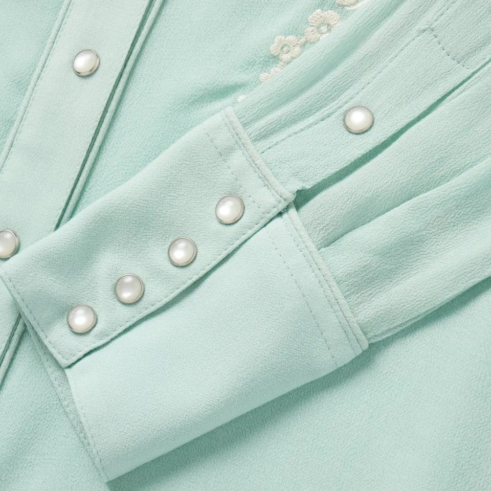 Best Stetson Aqua Rayon Crepe Western Blouse Blue