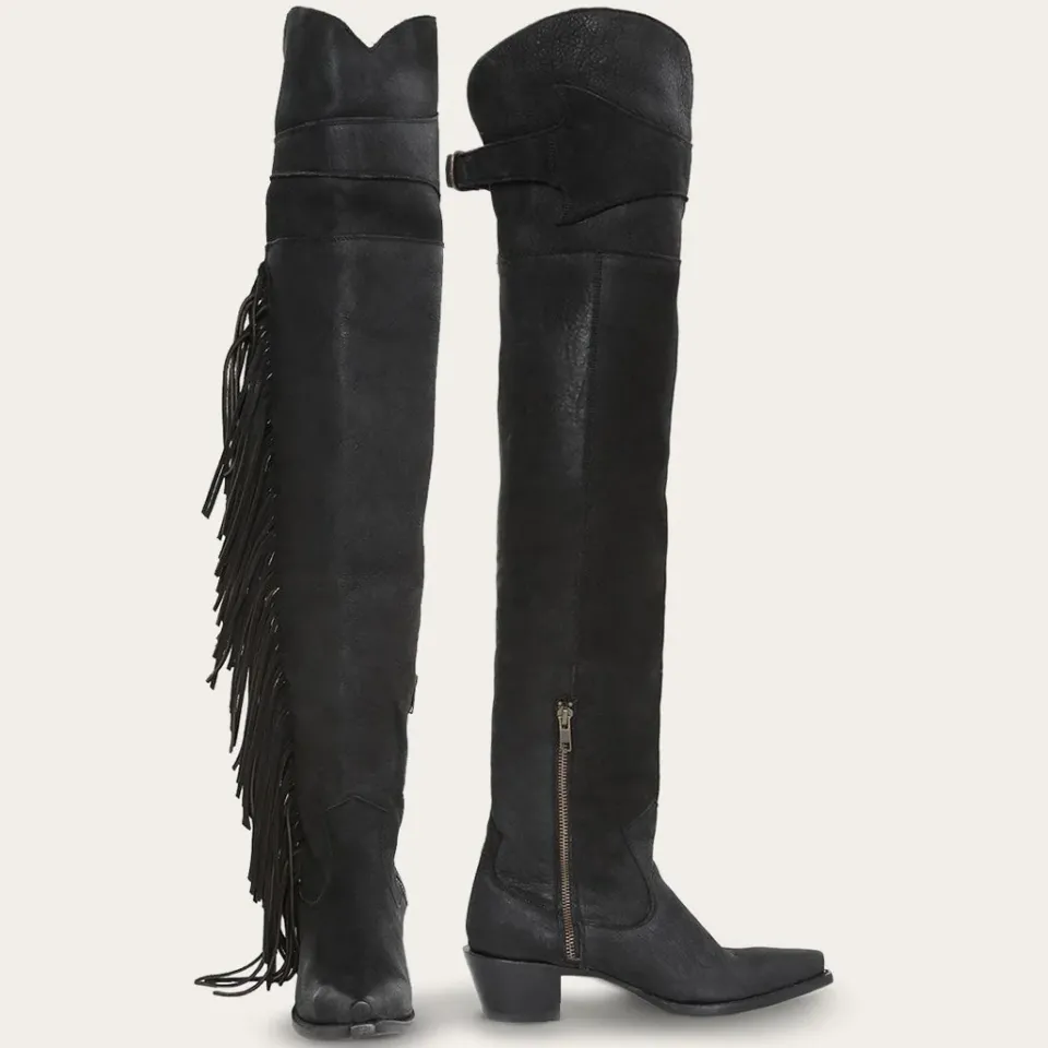 Sale Stetson Fringe Over-The-Knee Leather Boot Black