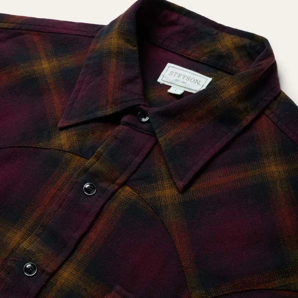 Hot Stetson Black Plaid Flannel Western Shirt Wine