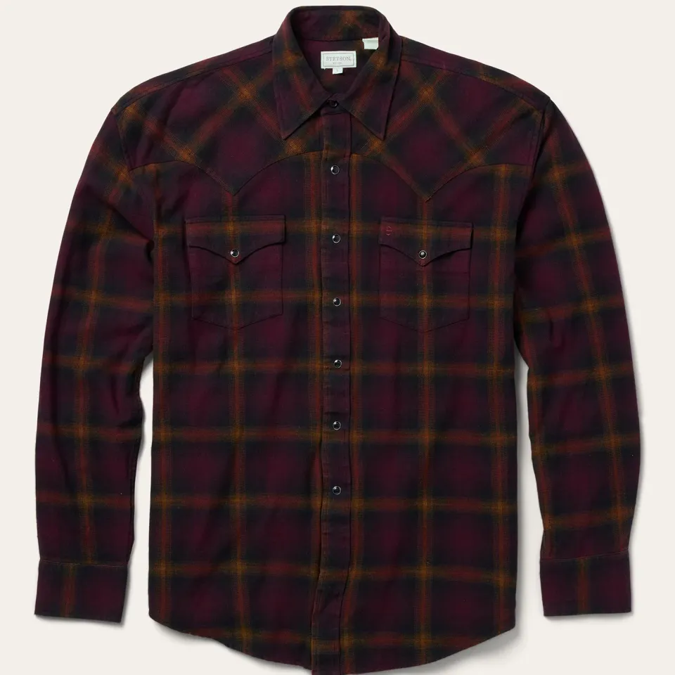 Discount Stetson Black Plaid Flannel Western Shirt Wine