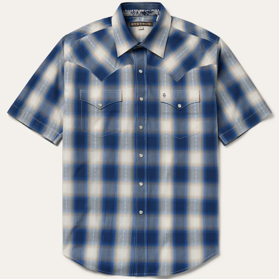 Best Stetson Ombre Plaid Short Sleeve Western Shirt Blue
