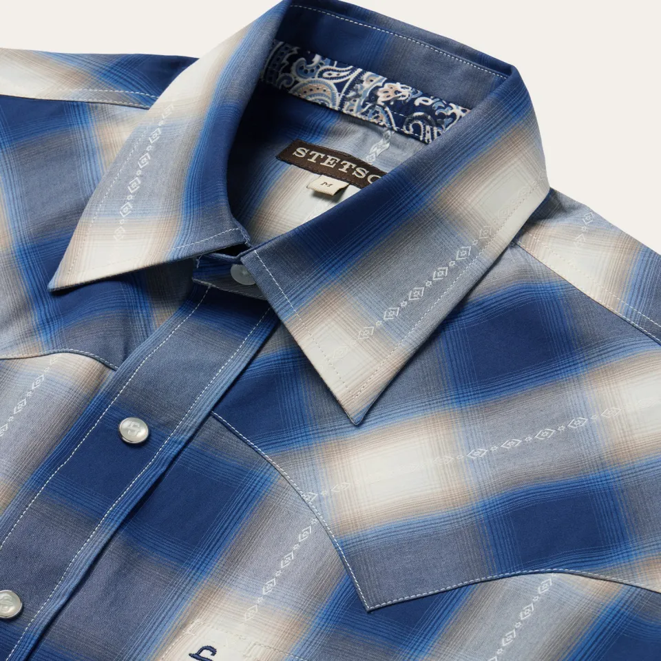 Best Stetson Ombre Plaid Short Sleeve Western Shirt Blue