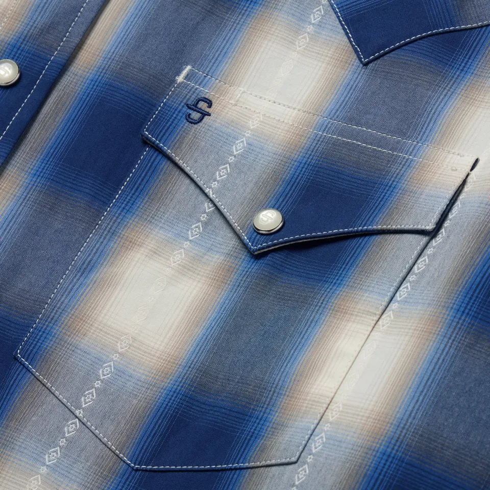 Hot Stetson Ombre Plaid Western Shirt Blue
