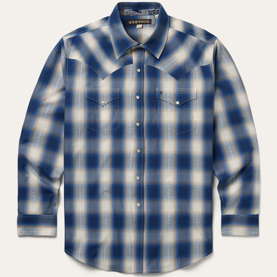 Discount Stetson Ombre Plaid Western Shirt Blue