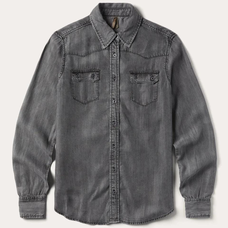 New Stetson Boyfriend Fit Button Denim Tencel Blouse Washed Black