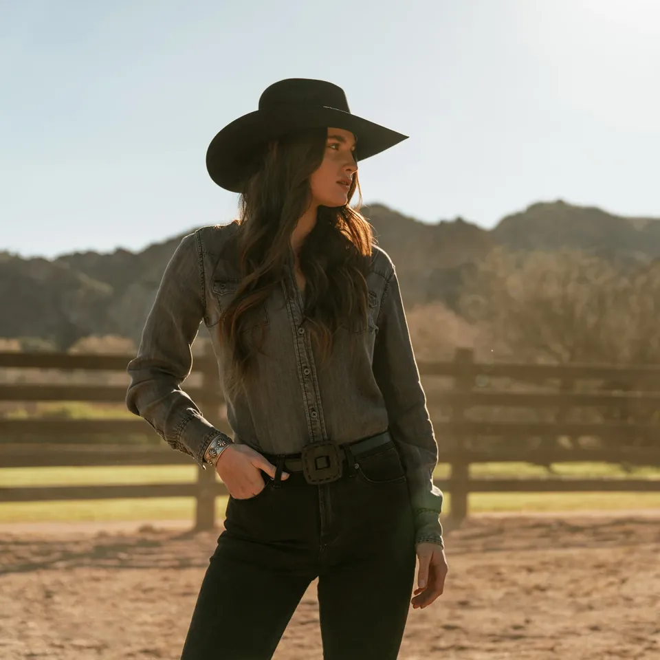 New Stetson Boyfriend Fit Button Denim Tencel Blouse Washed Black