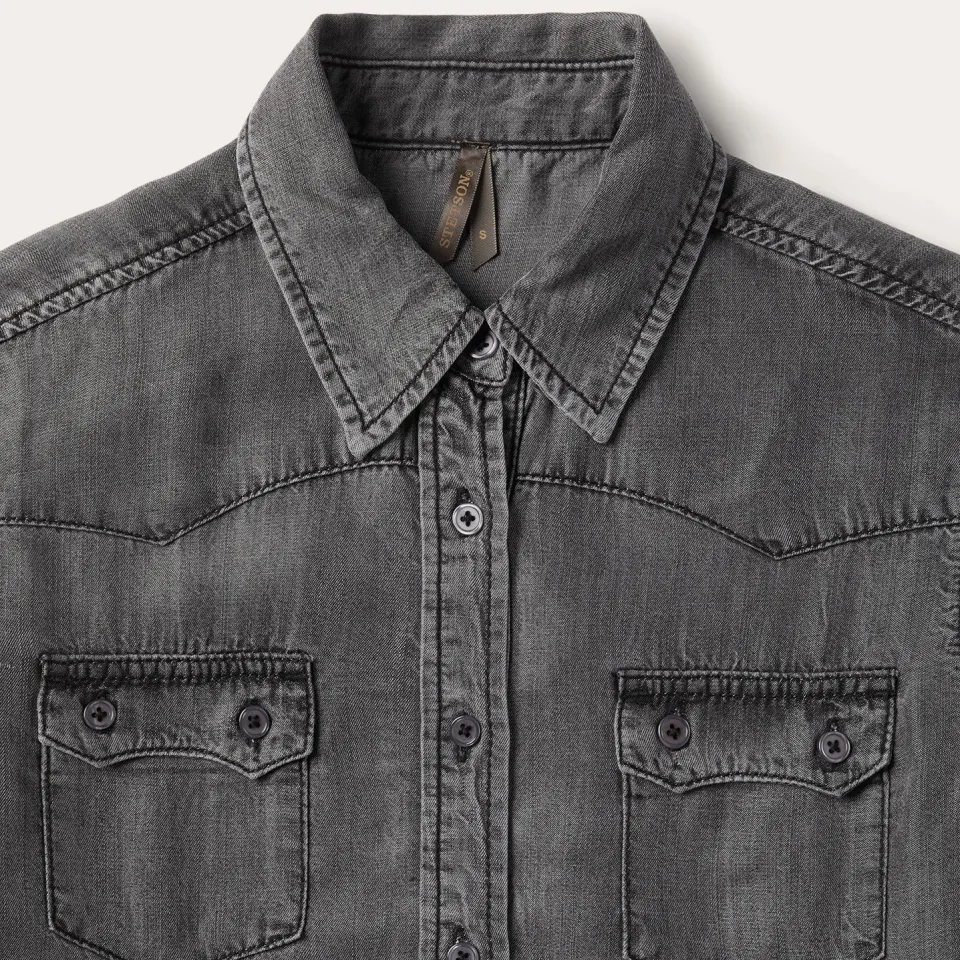 New Stetson Boyfriend Fit Button Denim Tencel Blouse Washed Black