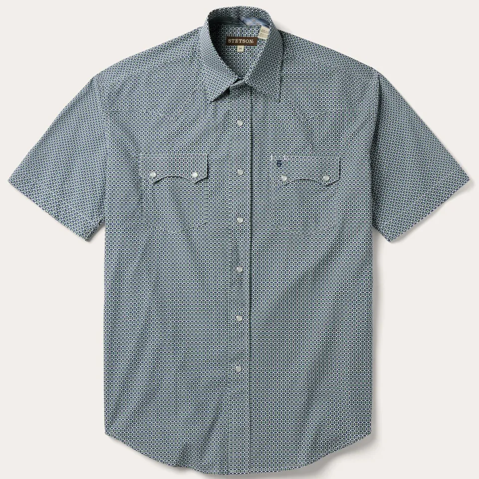 Clearance Stetson Circle Diamond Print Short Sleeve Western Shirt Green