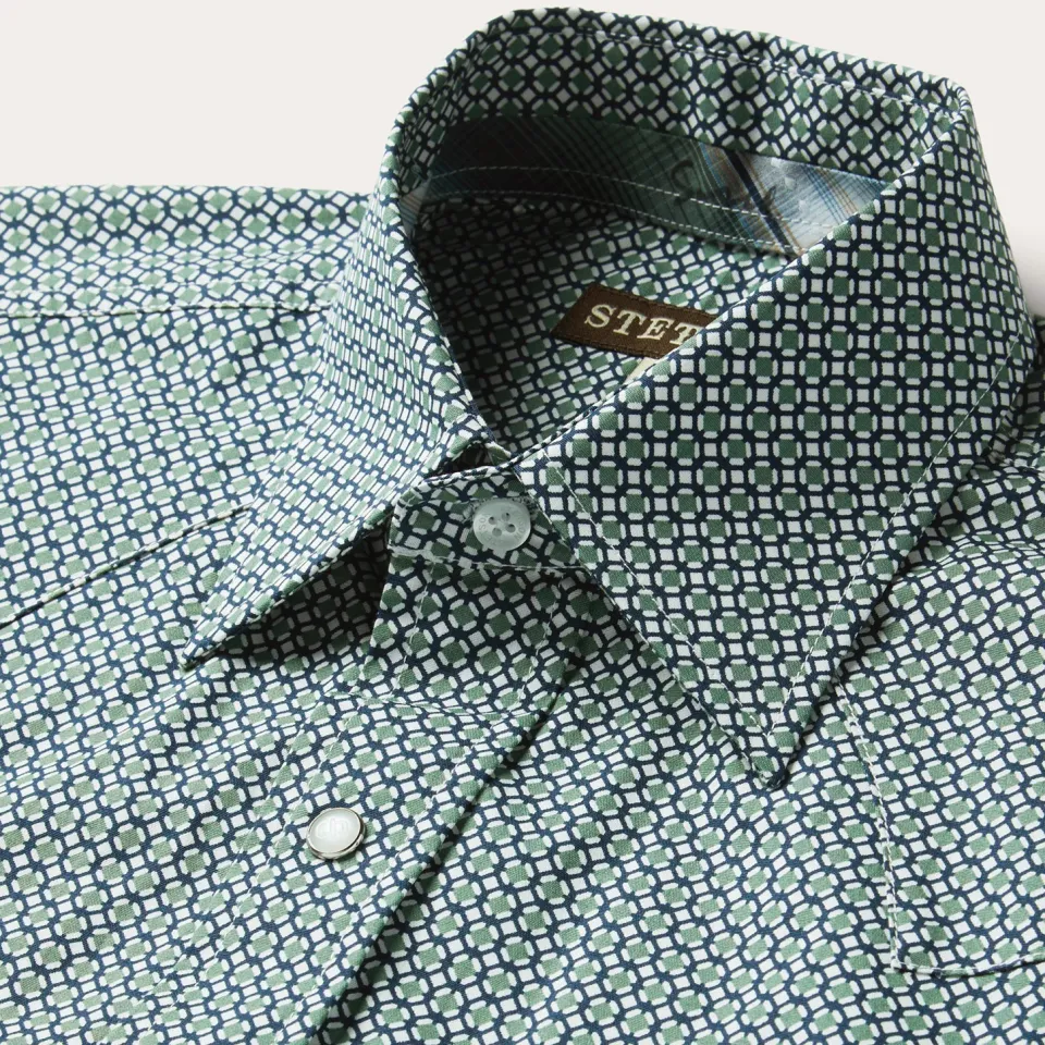 Best Stetson Circle Diamond Print Short Sleeve Western Shirt Green