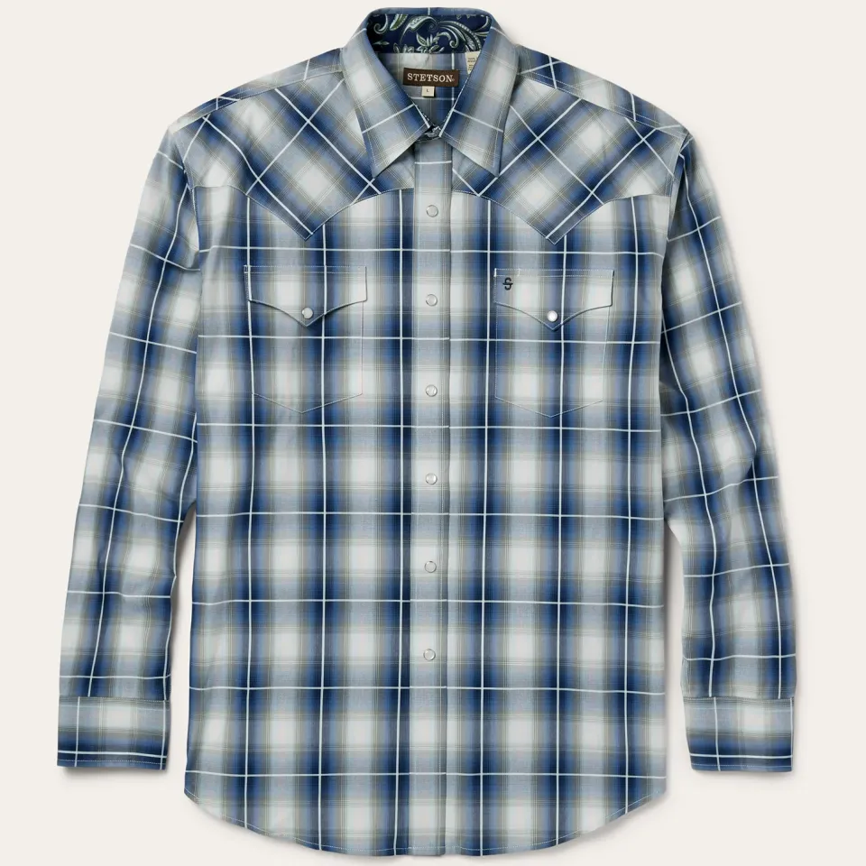 Discount Stetson Crystal Plaid Western Shirt Blue