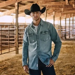Discount Stetson Distressed Denim Western Shirt Blue