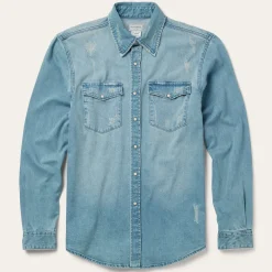 Hot Stetson Distressed Denim Western Shirt Blue