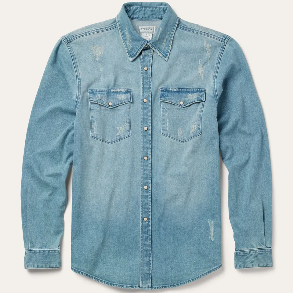 Hot Stetson Distressed Denim Western Shirt Blue