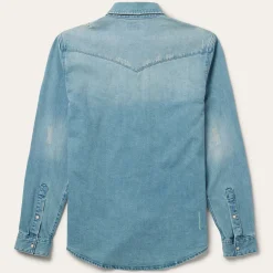 Hot Stetson Distressed Denim Western Shirt Blue