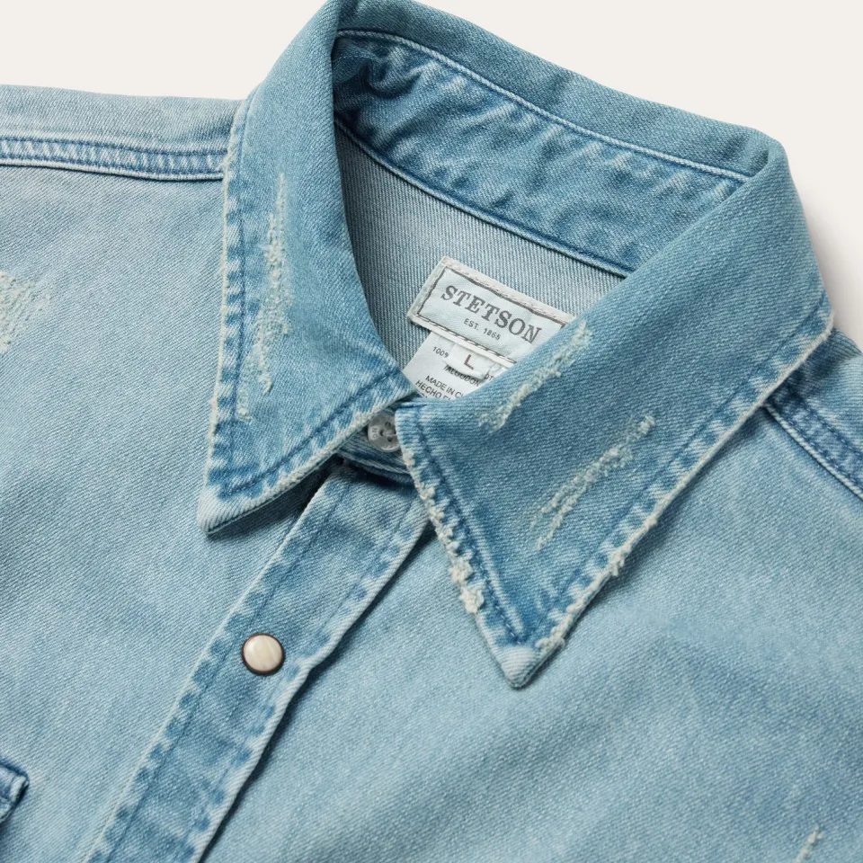 Hot Stetson Distressed Denim Western Shirt Blue