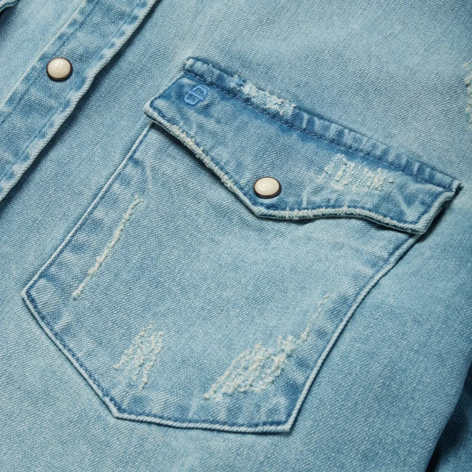 Hot Stetson Distressed Denim Western Shirt Blue