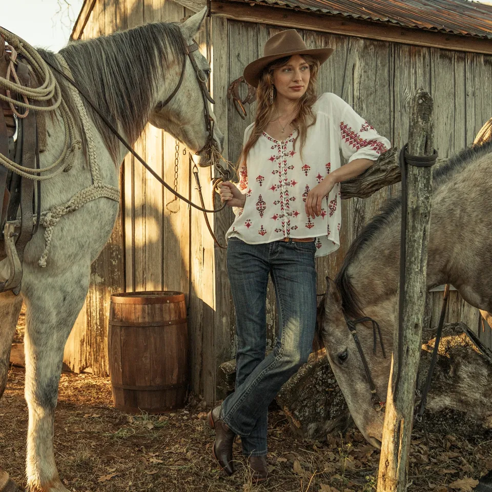 New Stetson Dobby Peasant Blouse White