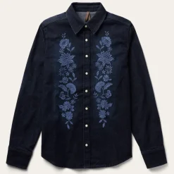 New Stetson Embroidered Dark Denim Snap Front Blouse Blue