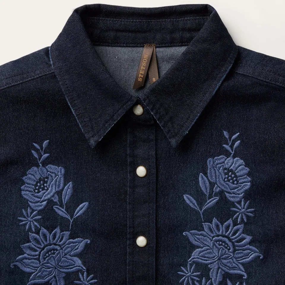 New Stetson Embroidered Dark Denim Snap Front Blouse Blue