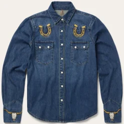 Discount Stetson Embroidered Dark Denim Western Shirt Blue