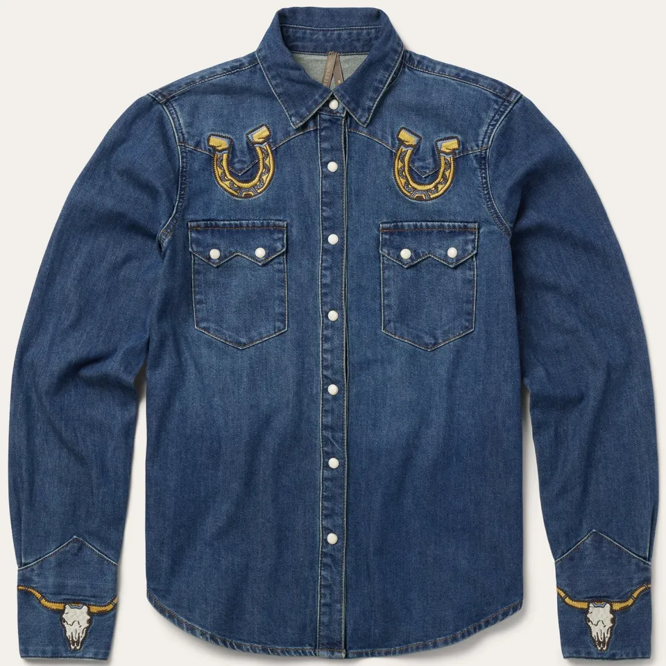 Discount Stetson Embroidered Dark Denim Western Shirt Blue