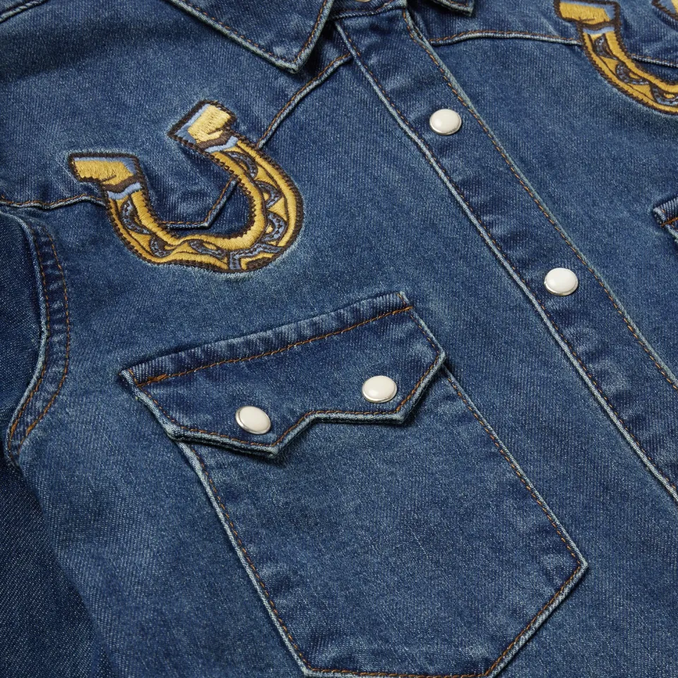 Discount Stetson Embroidered Dark Denim Western Shirt Blue