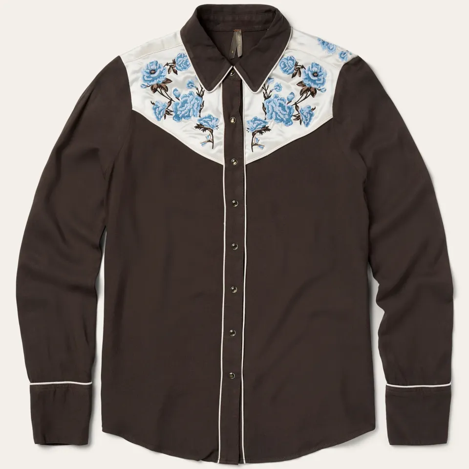 New Stetson Embroidered Rayon Western Shirt Brown