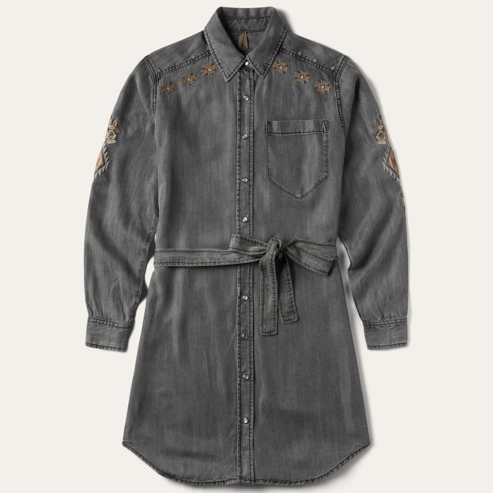 New Stetson Embroidered Snap Front Shirt Dress Black