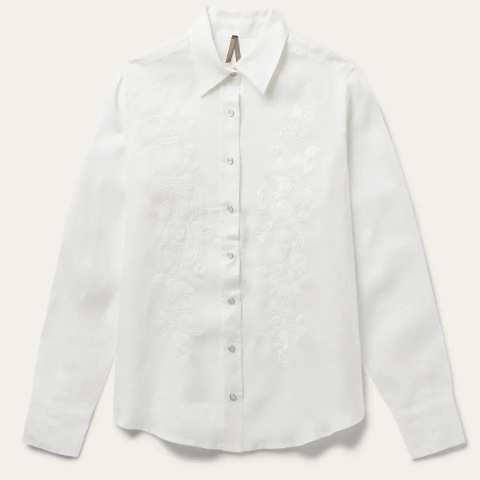 Outlet Stetson Embroidered Tonal Stripe Linen Blouse White