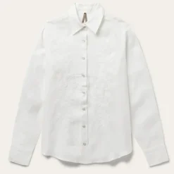Best Stetson Embroidered Tonal Stripe Linen Blouse White