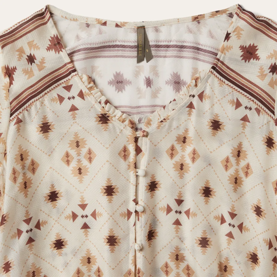 Stetson Gaucho Print Herringbone Blouse White