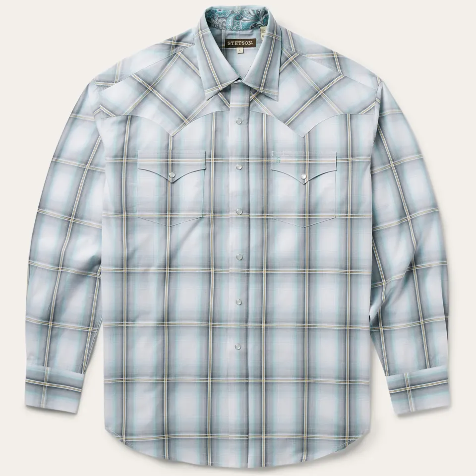 Best Stetson Sky Ombre Plaid Western Shirt Grey