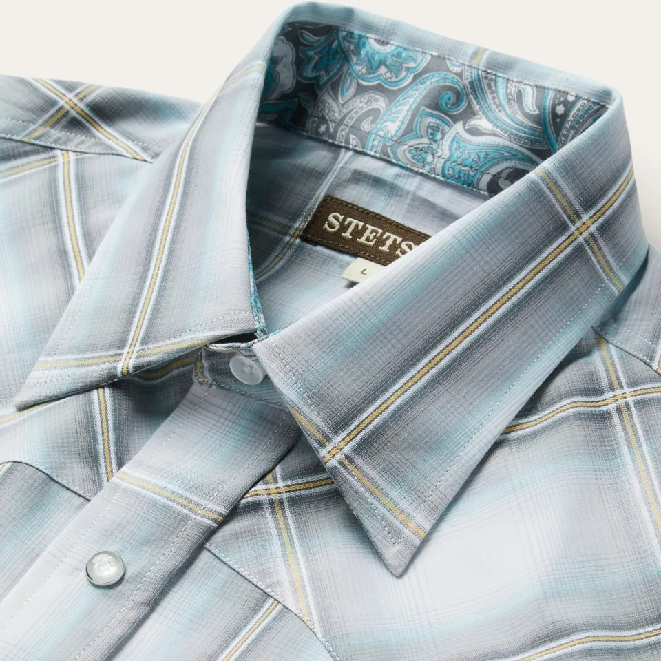 Best Stetson Sky Ombre Plaid Western Shirt Grey