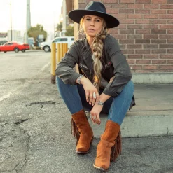 Sale Stetson Halle Suede Fringe Side Zip Boot Brown