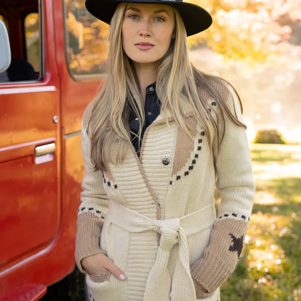 Outlet Stetson Horseshoe Star Belted Cardigan White
