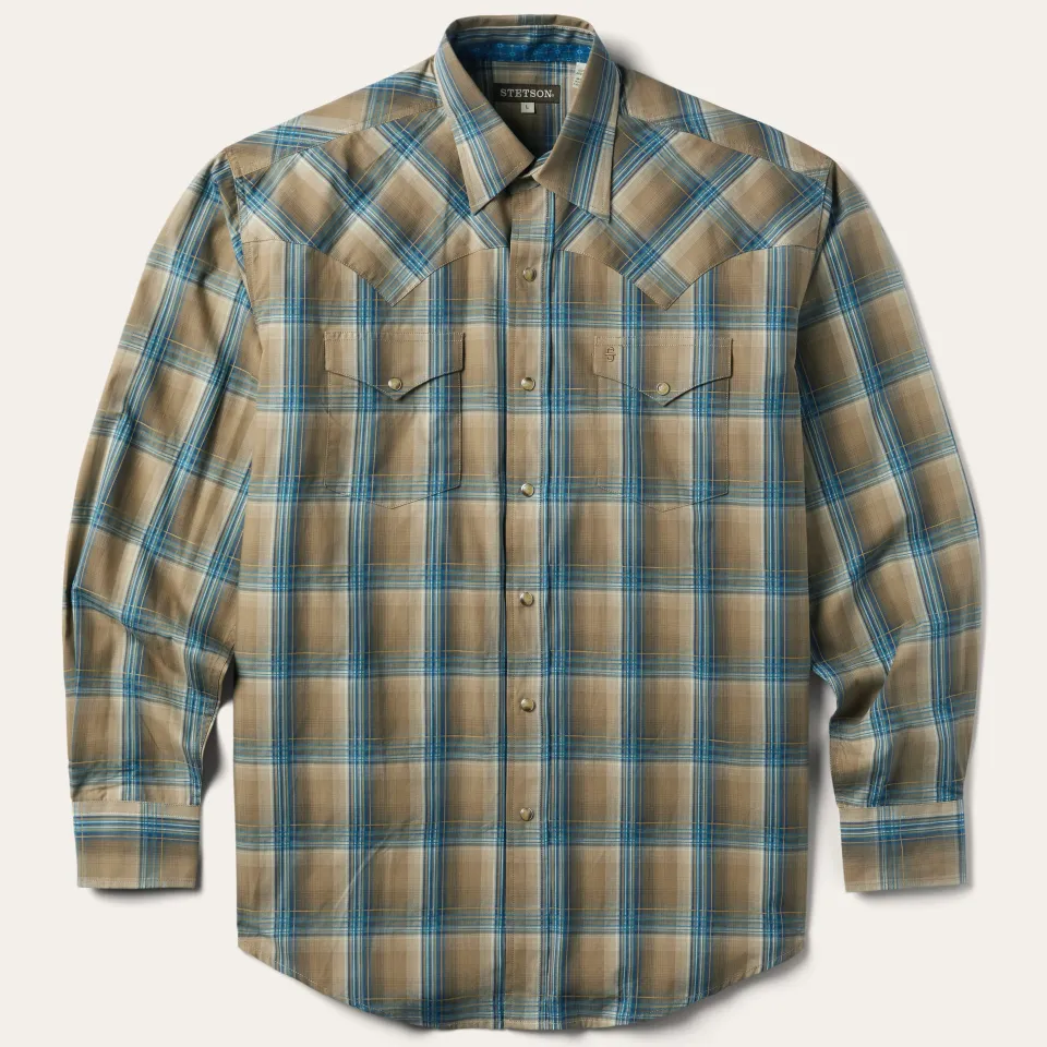 New Stetson Khaki Ombre Plaid Shirt Brown