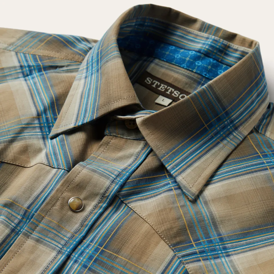 New Stetson Khaki Ombre Plaid Shirt Brown