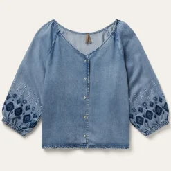 Stetson Lyocell Denim Snap Front Blouse Blue