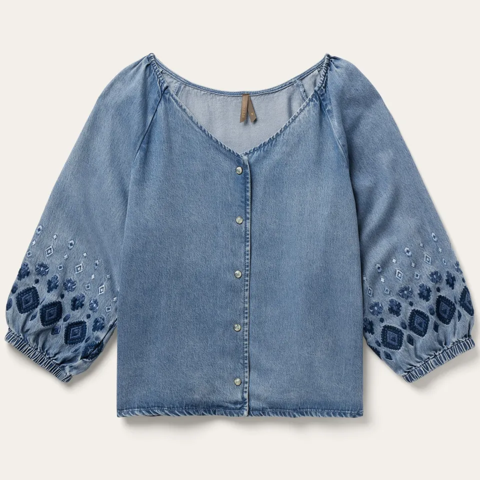 Stetson Lyocell Denim Snap Front Blouse Blue
