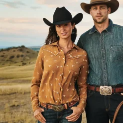 Outlet Stetson Mojave Longhorn Print Snap Western Shirt Brown