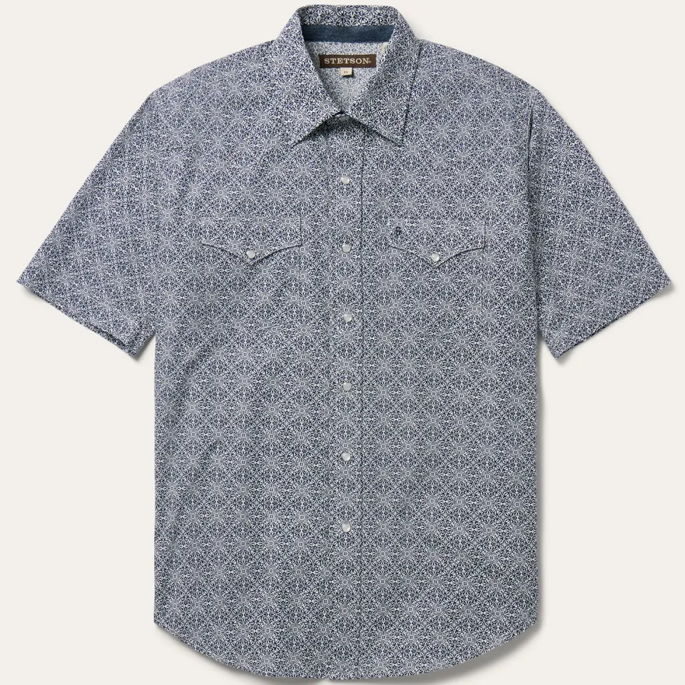Clearance Stetson Navy Print Short Sleeve Western Shirt Blue
