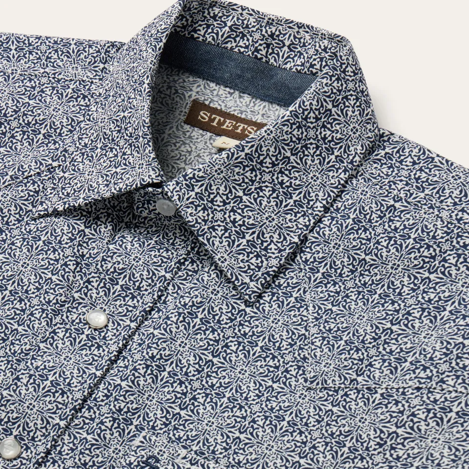 Stetson Navy Print Short Sleeve Western Shirt Blue