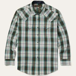 New Stetson Olive Ombre Plaid Western Shirt Green