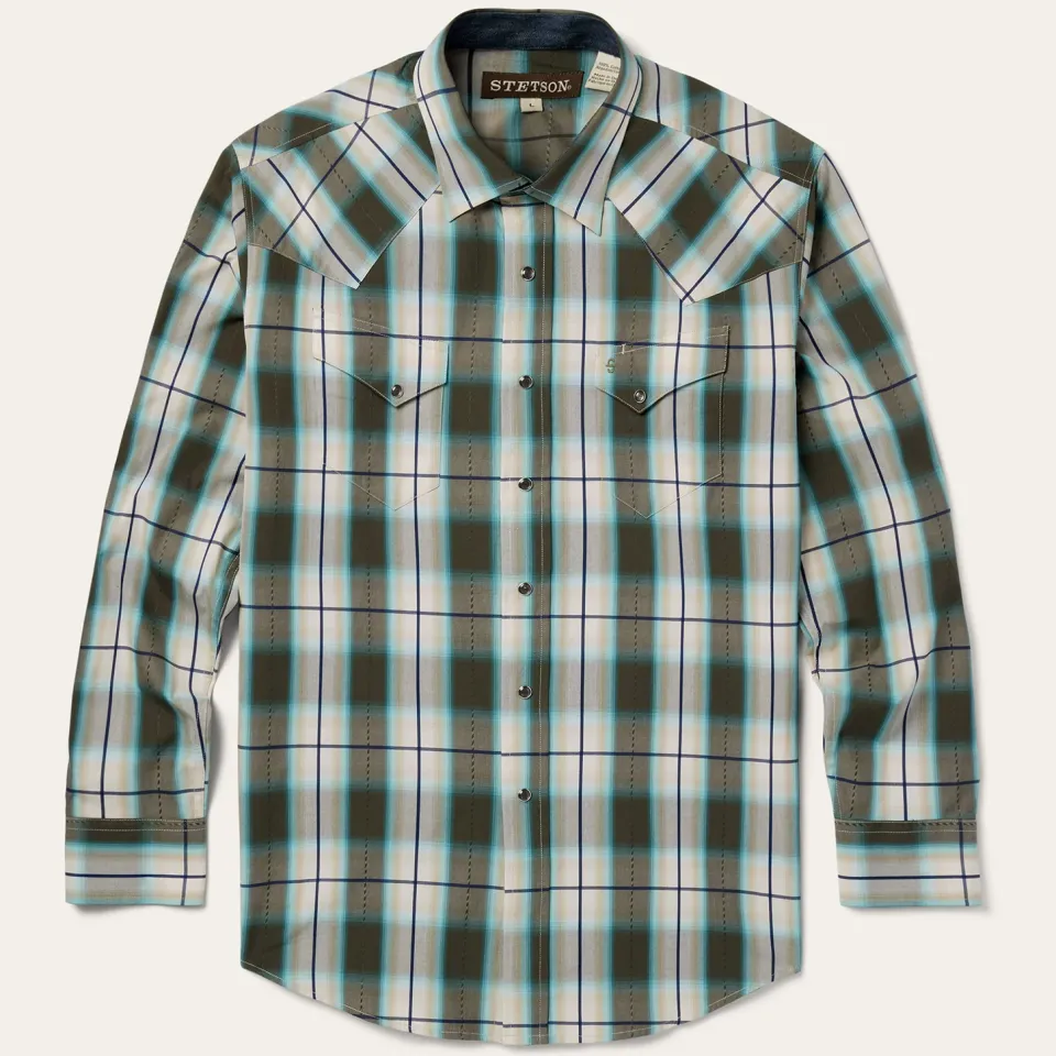 Best Stetson Olive Ombre Plaid Western Shirt Green