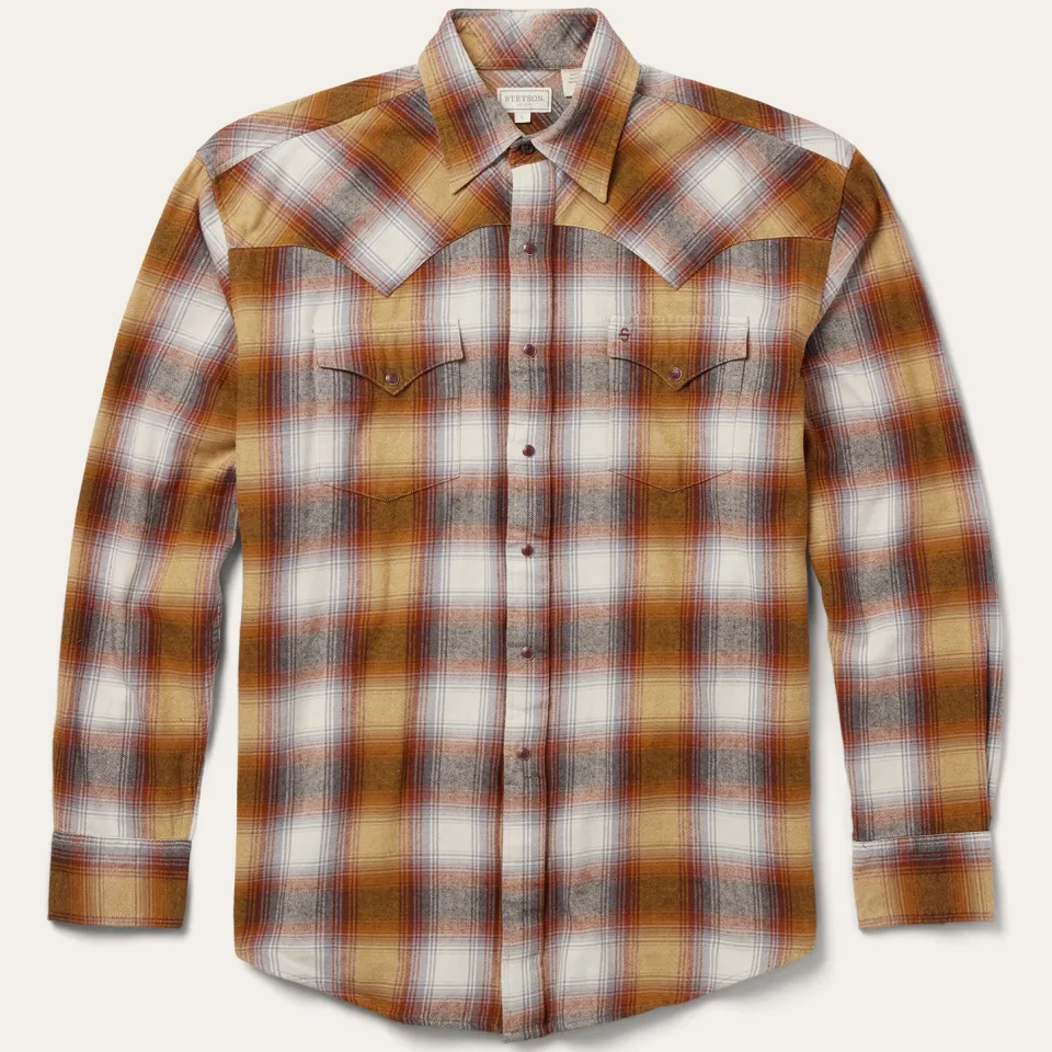 Hot Stetson Rust Plaid Flannel Western Shirt Brown