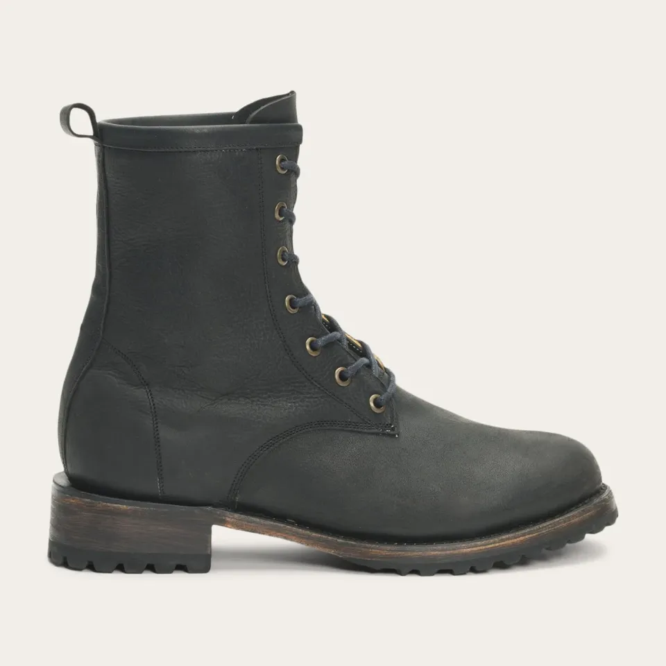 Stetson Sam Lace Up Leather Lug Boots Black