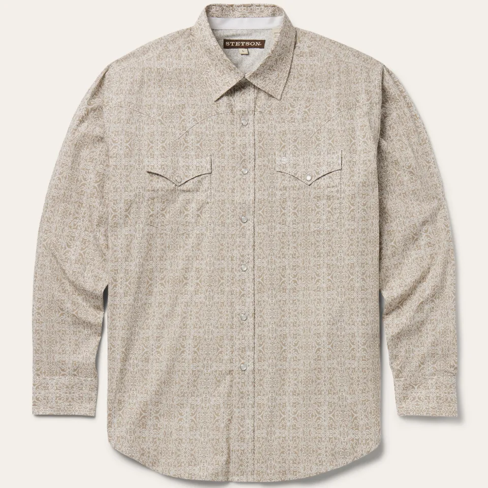 Best Stetson Sand Medallion Print Western Shirt Brown